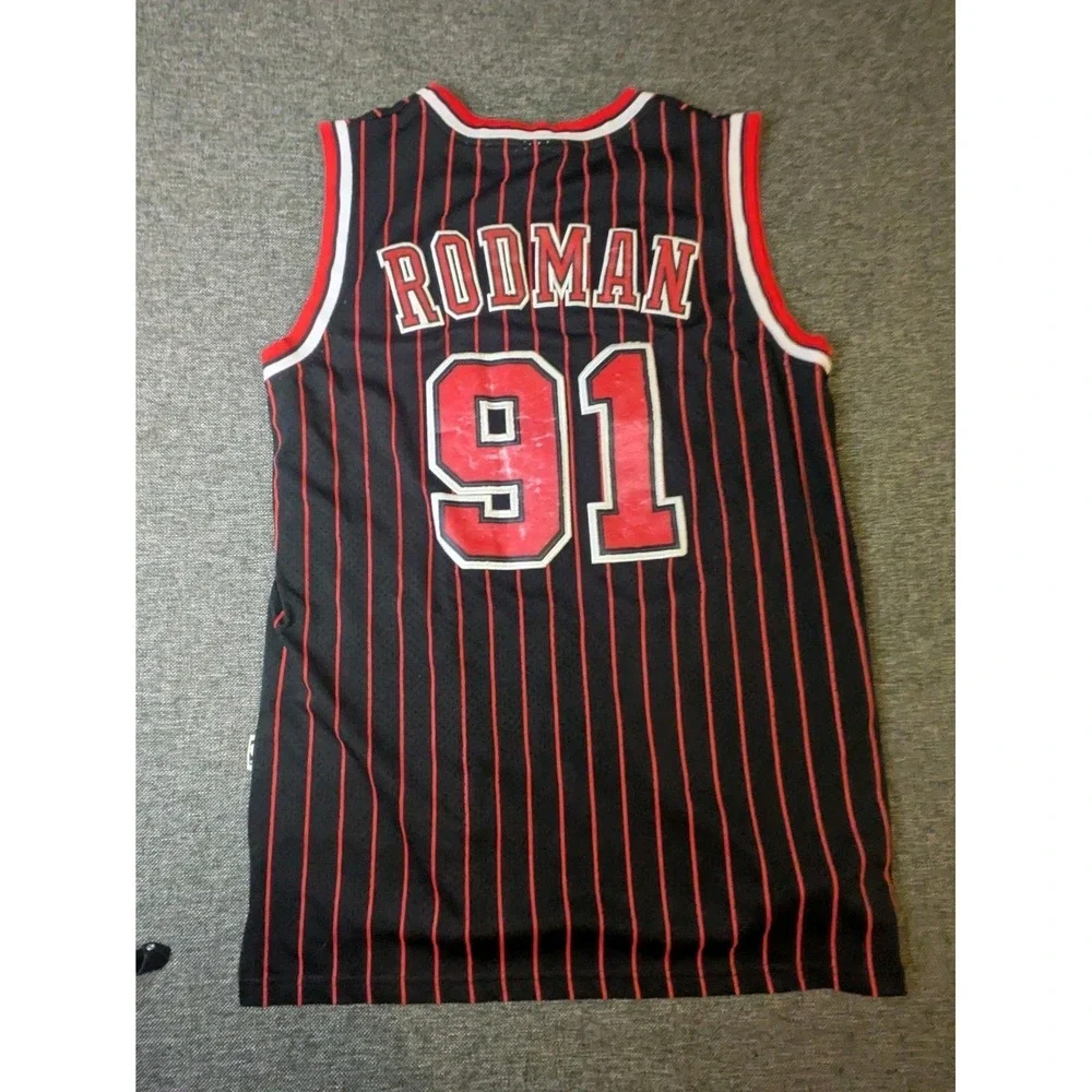 Dennis Rodman #91 Chicago Bulls Adidas NBA Basketball Pinstripe Jersey Large +2